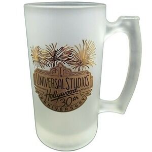 Universal Studios Hollywood 30th Anniversary Frosted Glass Beer Mug Gold 1994